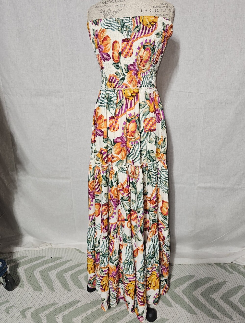 Smocked Strapless Maxi Dress in White with Orange & Pink Floral